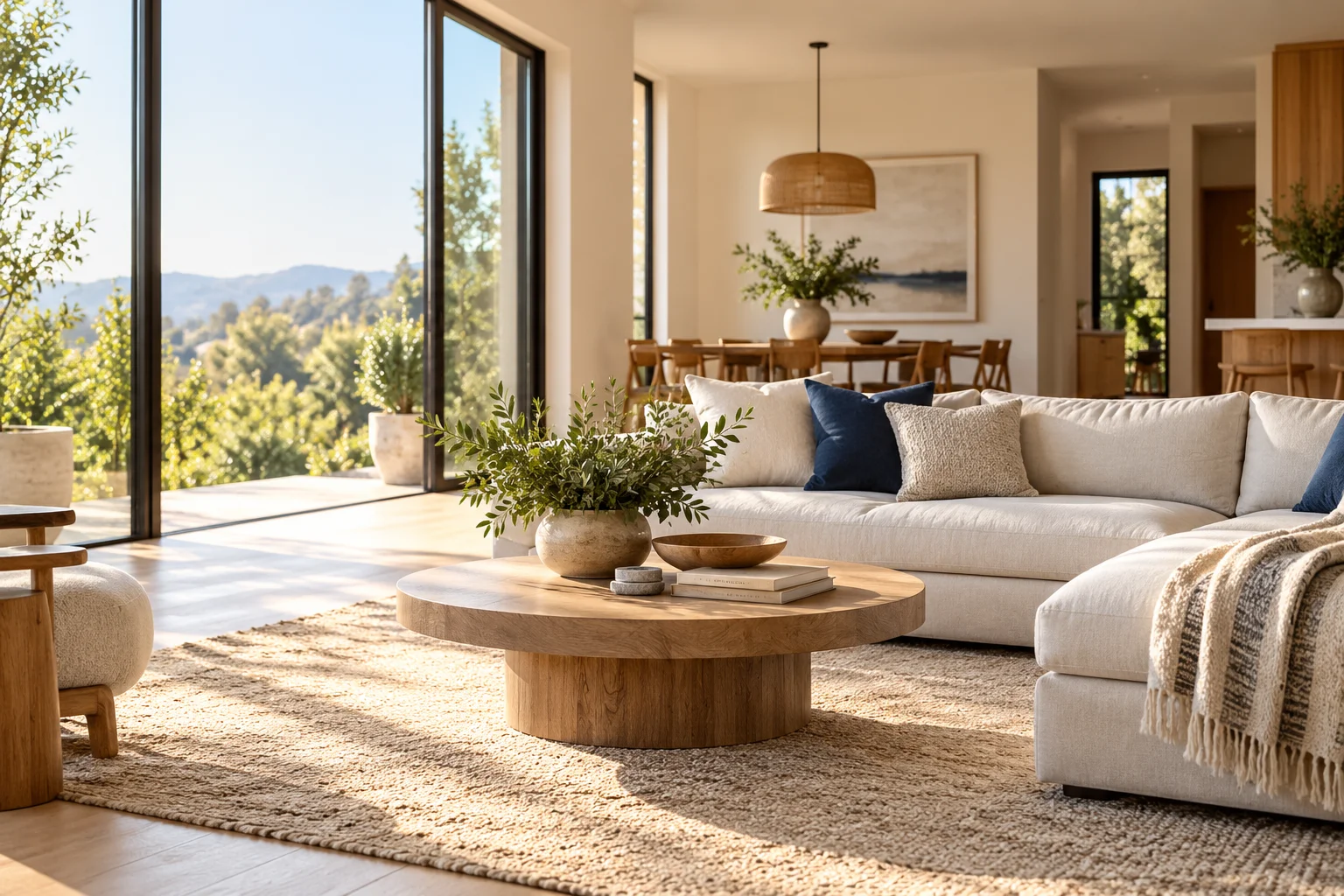 A bright contemporary living room with a cream sofa, natural oak and blue accents